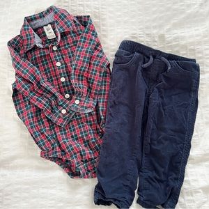 3 for $30 Holiday Outfit Plaid Button Down Onesie and Lined Corduroy Pants 18m
